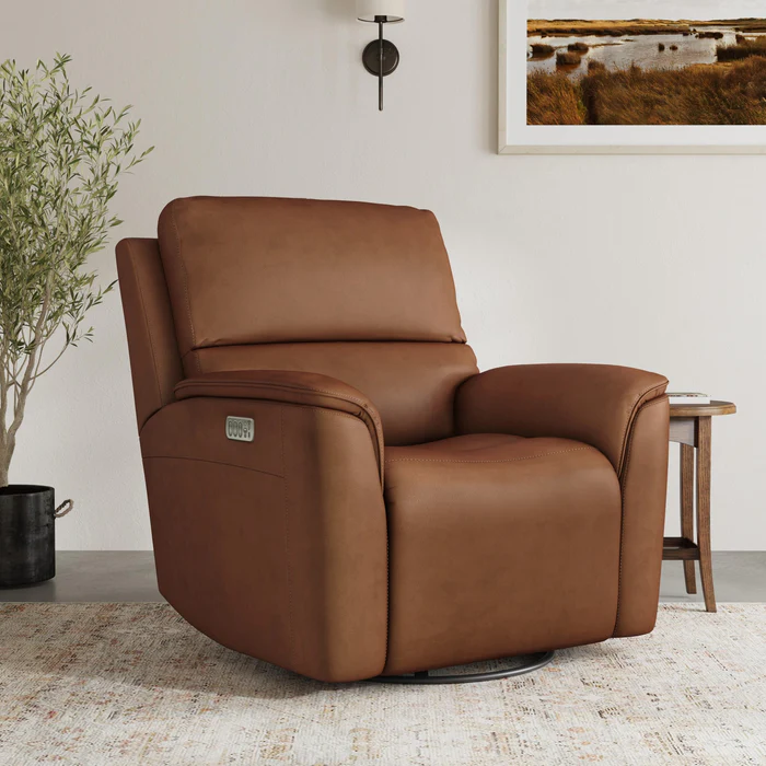 Flexsteel Henry Leather Power Swivel Gliding Recliner with Power Headrest, Lumbar, Heat & Massage in Caramel