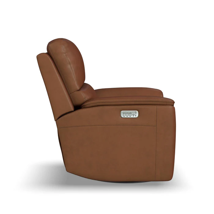 Flexsteel Henry Leather Power Swivel Gliding Recliner with Power Headrest, Lumbar, Heat & Massage in Caramel