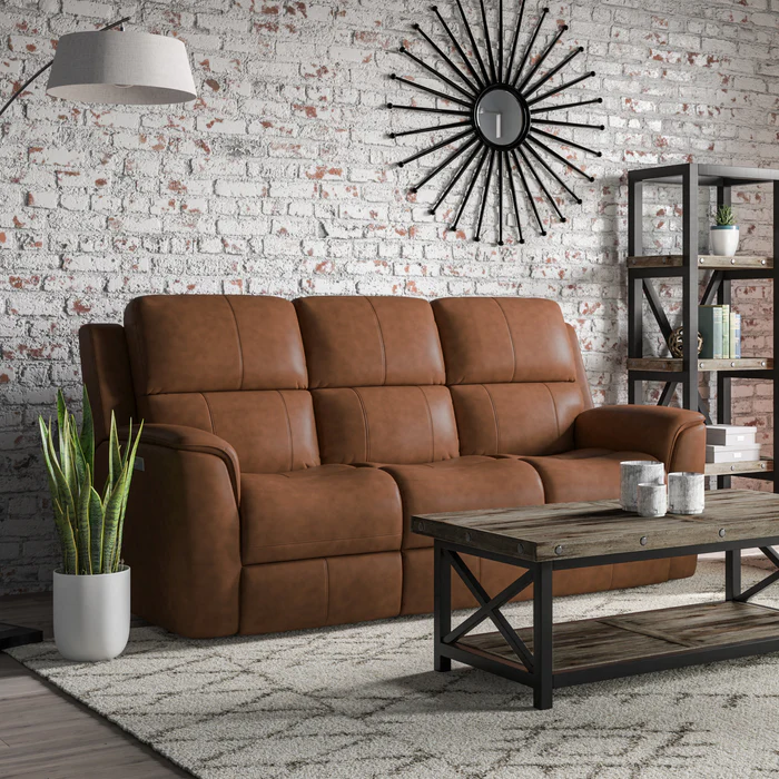 Flexsteel Henry Leather Power Reclining Sofa with Power Headrests & Lumbar in Caramel