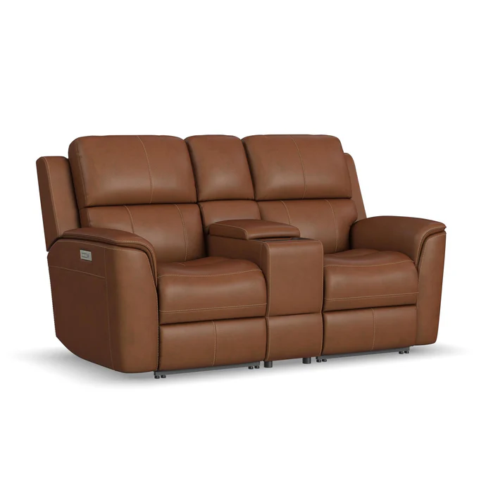 Flexsteel Henry Leather Power Reclining Loveseat with Console & Power Headrests & Lumbar in Caramel