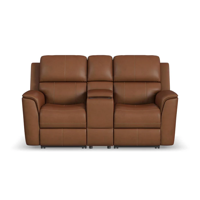 Flexsteel Henry Leather Power Reclining Loveseat with Console & Power Headrests & Lumbar in Caramel