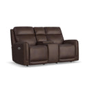 Flexsteel Alister Leather Power Gliding Loveseat w/Power Headrests & Lumbar in Burnt Umber