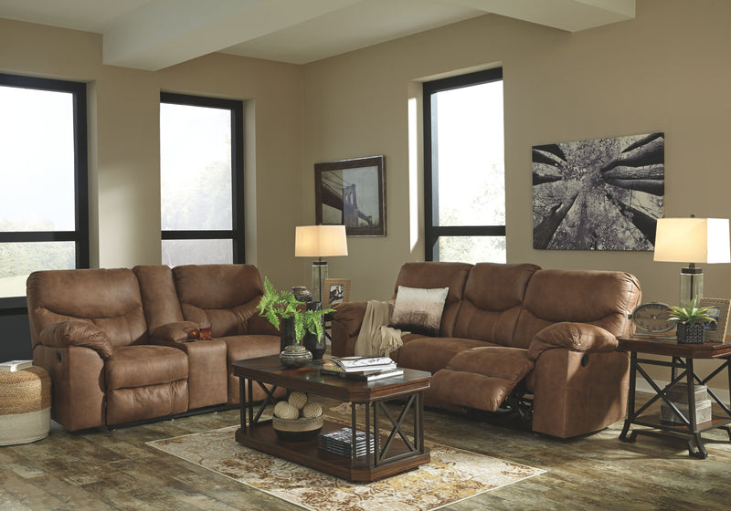 Ashley Boxberg Double Reclining Loveseat w/Console in Light Brown-Washburn's Home Furnishings