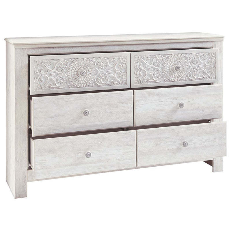 Paxberry - Whitewash - Six Drawer Dresser - Medallion Drawer Pulls-Washburn's Home Furnishings