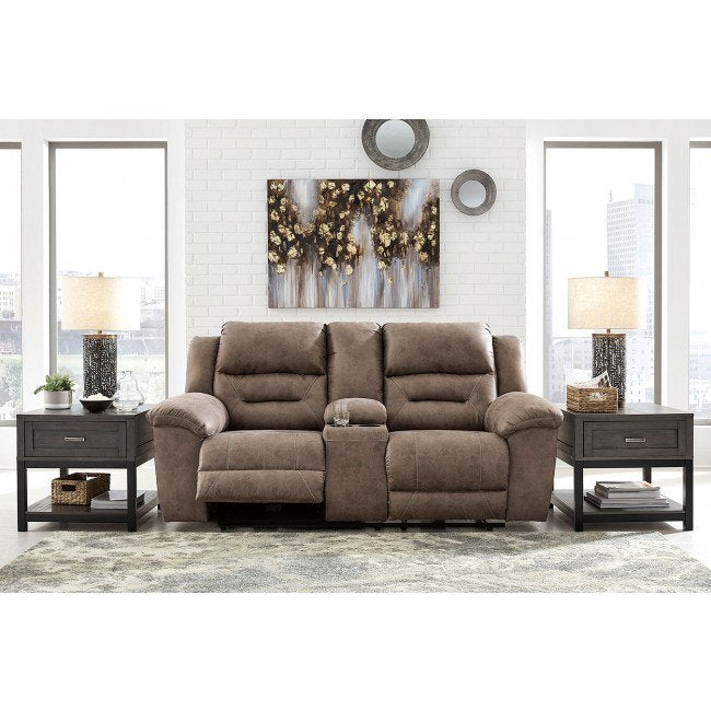 Ashley Stoneland Power Reclining Loveseat with Console in Fossil-Washburn's Home Furnishings