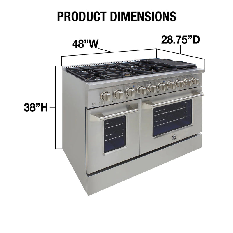 Brama 48 in. 6.7 cu. ft. Convection Double Oven Freestanding Natural Gas Dual Fuel Range with 8 Sealed Burners & Grill - Stainless Steel-Washburn's Home Furnishings