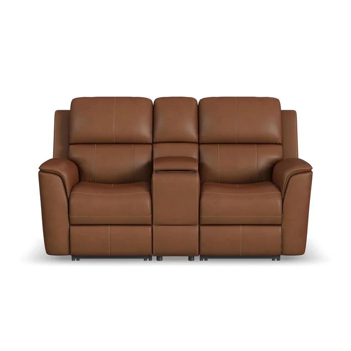 Flexsteel Henry Leather Power Reclining Loveseat with Console & Power Headrests & Lumbar in Caramel-Washburn's Home Furnishings