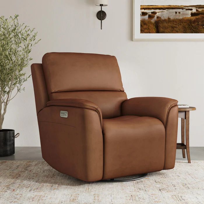 Flexsteel Henry Leather Power Swivel Gliding Recliner with Power Headrest, Lumbar, Heat & Massage in Caramel-Washburn's Home Furnishings