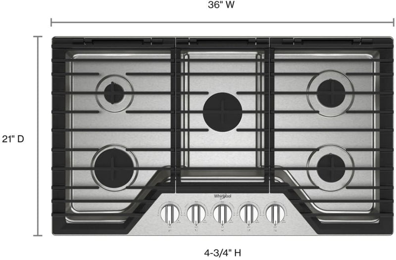 Whirlpool 36-inch Gas Cooktop with EZ-2-Lift Hinged Cast-Iron Grates - Stainless Steel-Washburn's Home Furnishings