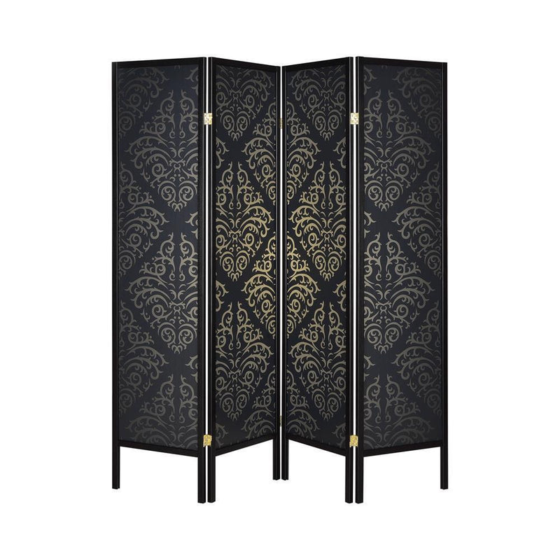 4-panel Damask Pattern Folding Screen - Black-Washburn's Home Furnishings