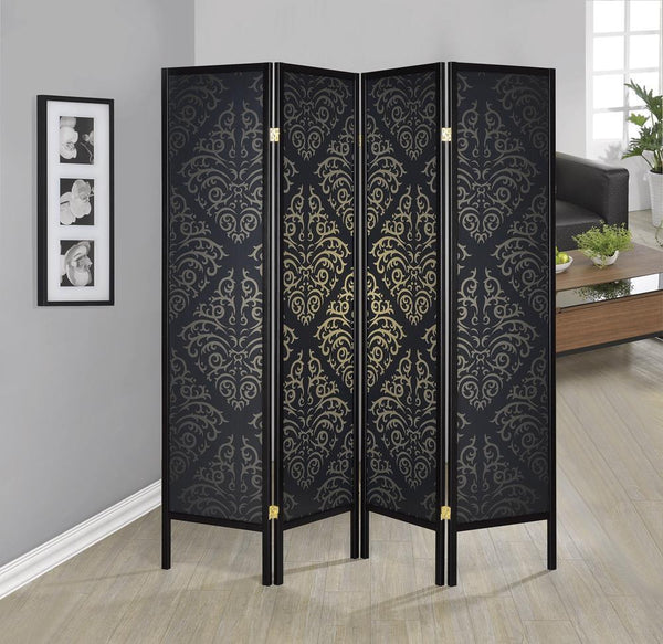 4-panel Damask Pattern Folding Screen - Black-Washburn's Home Furnishings