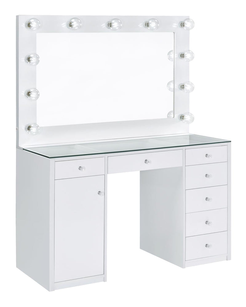 7-drawer Glass Top Vanity Desk With Lighting - White-Washburn's Home Furnishings