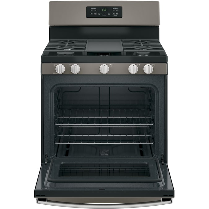 GE 30" Free-Standing Gas Range with Steam Cleaning Oven in Slate-Washburn's Home Furnishings