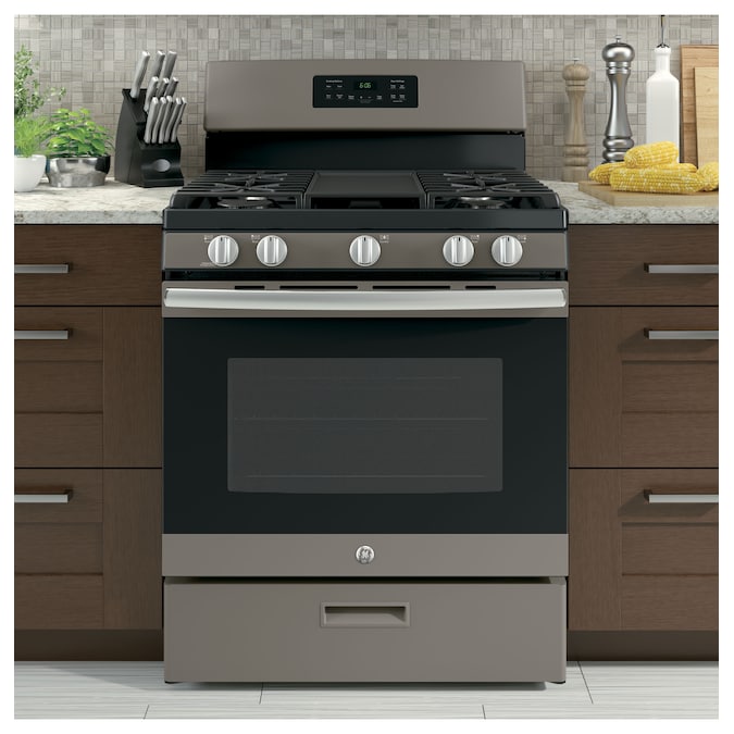 GE 30" Free-Standing Gas Range with Steam Cleaning Oven in Slate-Washburn's Home Furnishings