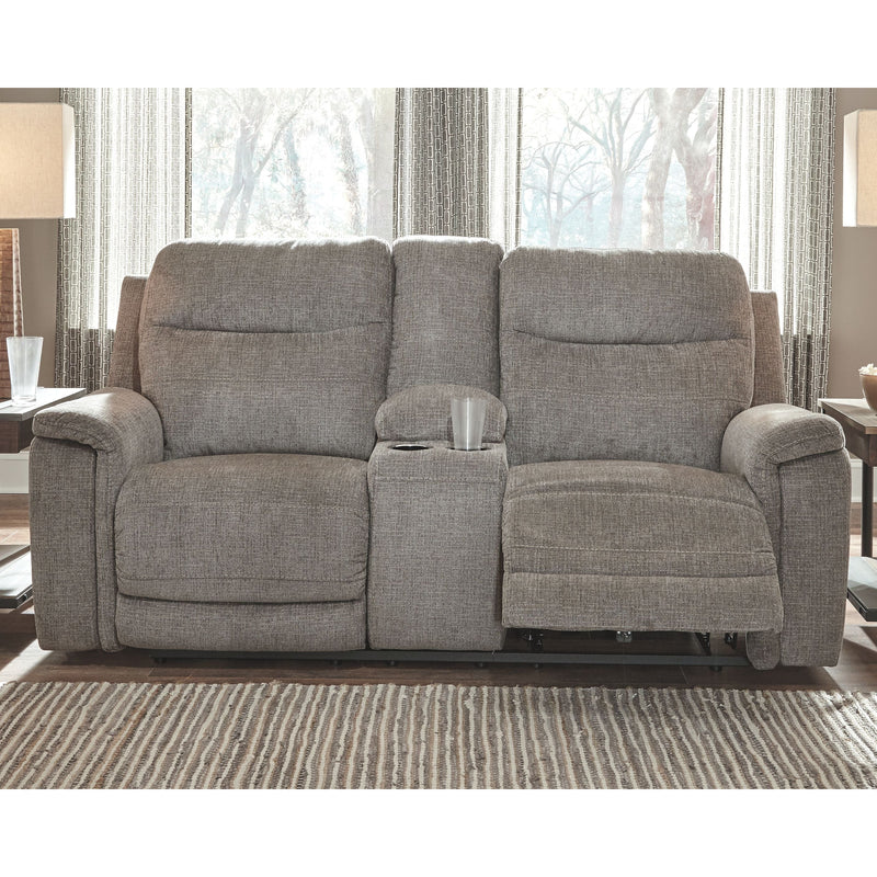 Mouttrie - Smoke - Pwr Rec Loveseat/con/adj Hdrst-Washburn's Home Furnishings