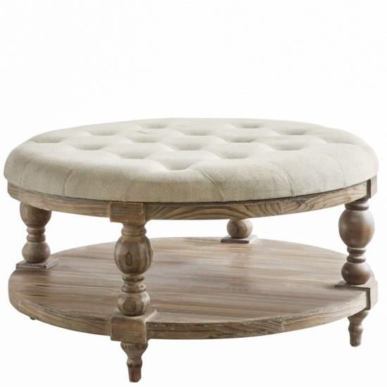 Tahoe Rustic Wood and Round Linen Ottoman-Washburn's Home Furnishings