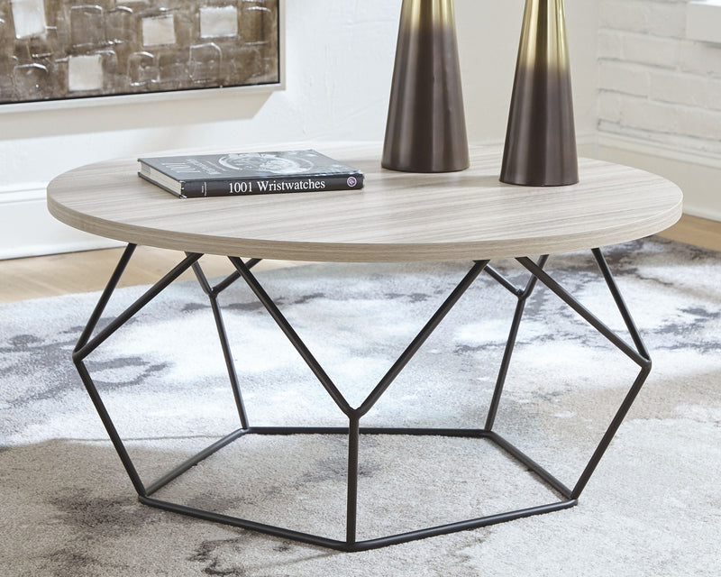 Waylowe - Light Brown/black - Round Cocktail Table-Washburn's Home Furnishings